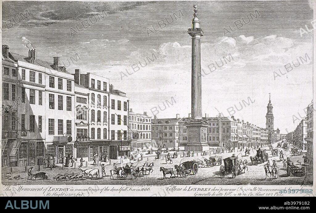 View of the Monument in remembrance of the Great Fire of London in 1666, looking south down Fish Street Hill, London, c1750. Also showing a drover with livestock, carts and carriages.