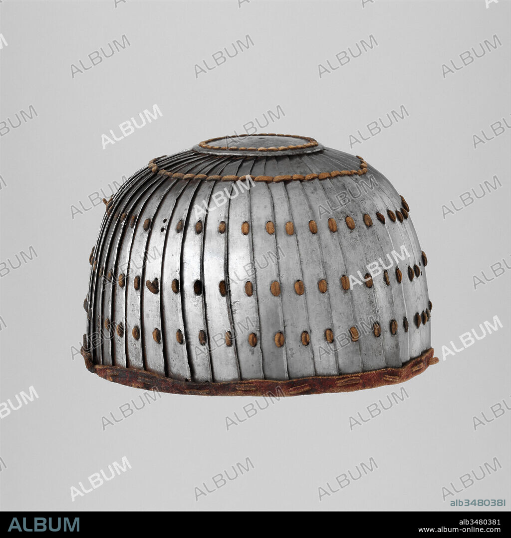 Lamellar Helmet, 13th–15th century, Mongolian or Tibetan, Iron, leather, H. 5 1/2 in. (14 cm); Diam. 9 in. (22.9 cm); Wt. 2 lb. 2.5 oz. (978.1 g), Helmets.