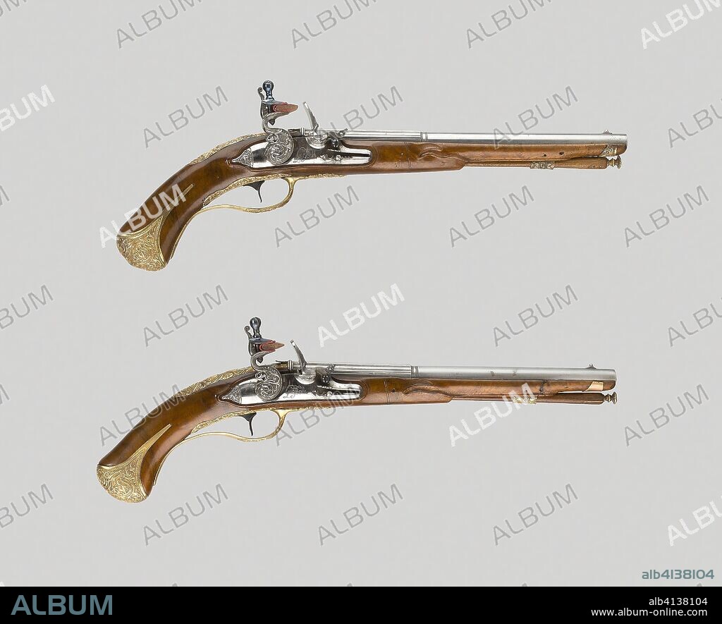 Pair of Flintlock Pistols. Italian, Brescia; Barrel: Lazarino Cominazzo; Lock maker: Gio Borgognone. Date: 1680-1710. Dimensions: L. 35 cm (13 3/4 in.) 
Barrel L. 21.5 cm (8 7/8 in.). Walnut, chiseled steel, and iron. Origin: Italy.