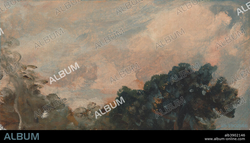 JOHN CONSTABLE. Cloud Study with Trees. Date/Period: 1821. Painting. Oil on paper on board. Height: 171 mm (6.73 in); Width: 305 mm (12 in).