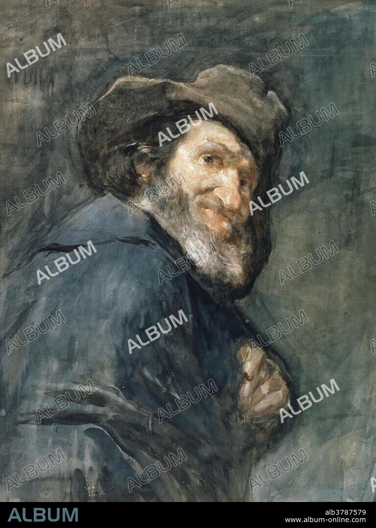 Mariano Fortuny y Marsal (Copia de Velázquez, Diego Rodríguez de Silva y) / 'Menipo, detalle (copia de Velázquez)'. 1866 - 1868. Acuarela, Aguada de pigmentos opacos [gouache, témpera] sobre papel, 620 x 470 mm.
