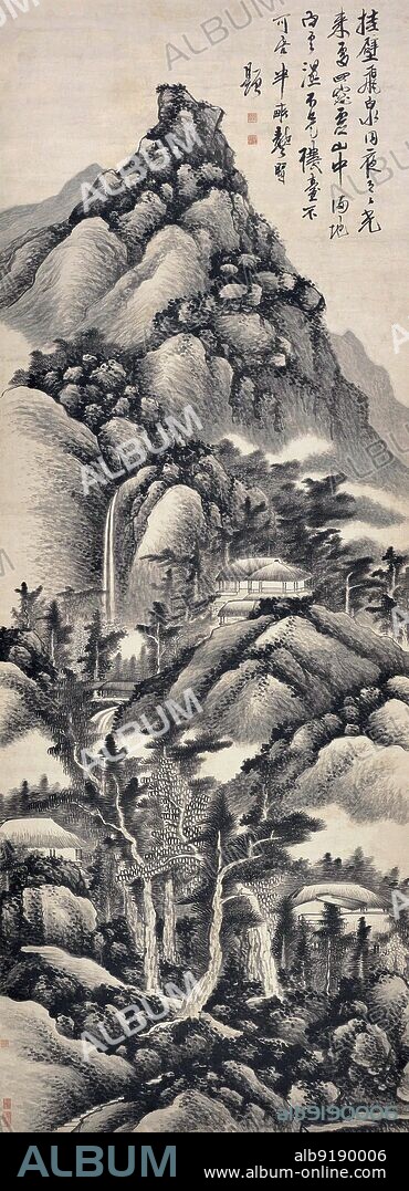 China: 'Spring Landscape', Gong Xian (1618 - 1689), hanging scroll, ink on paper. Gong Xian was a Chinese painter who worked during the latter period of the Ming Dynasty (1368 - 1644) and the early Qing Dynasty (1644 - 1912). He was fiercely anti-Qing and spent the latter years of his life in exile in Yangzhou.