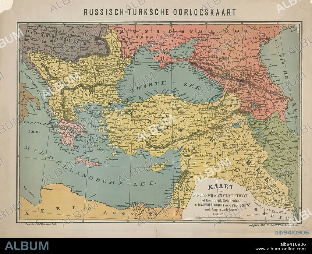 Map of the Russo-Turkish War, 1828, Russo-Turkish War Map / Map of Europeesch and Aziatsch Turkye the Kingdom of Greece the Russian Provinces on the Black Sea and the Adjacent Countries (title on object), Dutch map of Southeastern Europe, the battleground of the Russo-Turkish War, 1828., print maker: Gebroeders Reimeringer, (mentioned on object), publisher: Jan Dirk Brouwer, (mentioned on object), Amsterdam, 1828 - 1829, paper, photolithography, height 460 mm × width 605 mm.