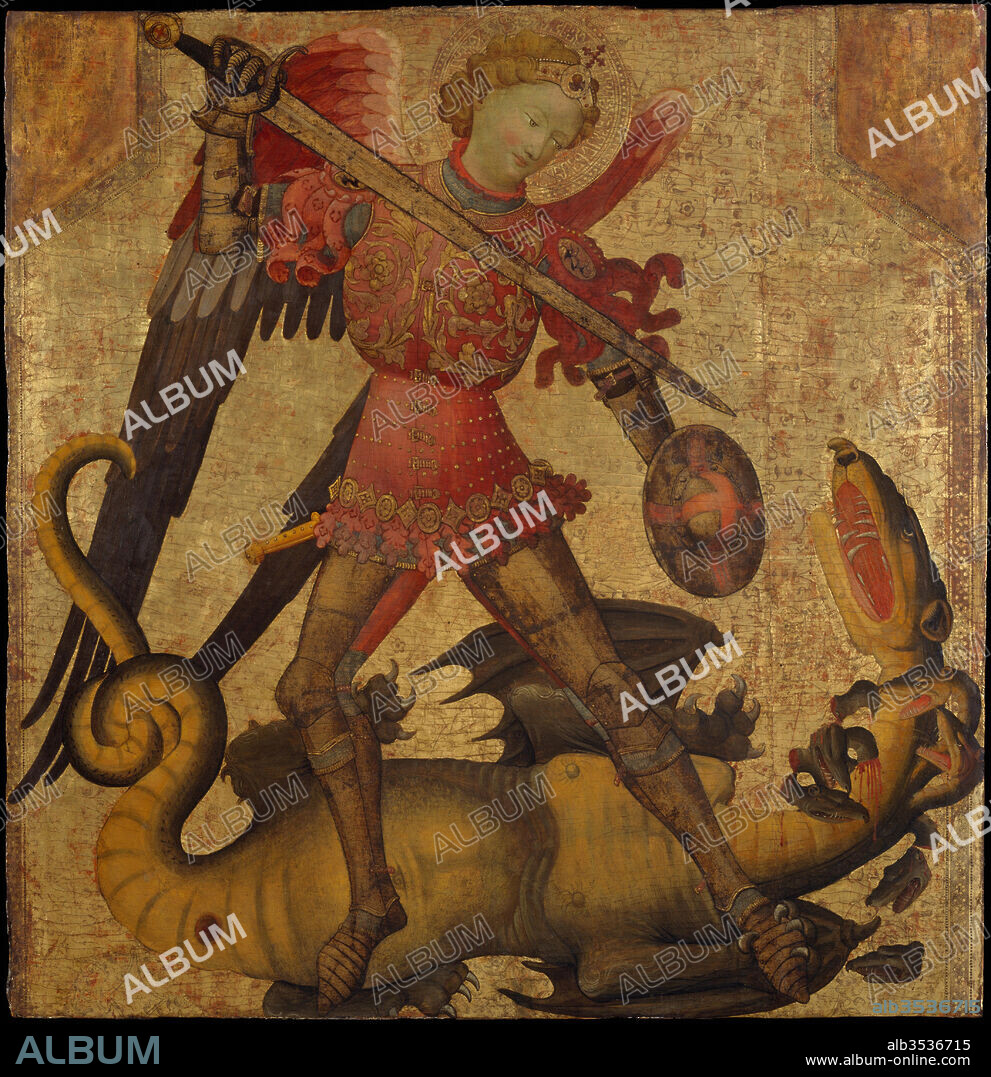Saint Michael and the Dragon, ca. 1405, Tempera on wood, gold ground, 41 3/8 x 40 3/4 in. (105.1 x 103.5 cm), Paintings, Spanish (Valencian) Painter (active in Italy, early 15th century), This work was painted in Italy by an unknown artist whose style is indebted to the richness and refinement of Valencian art at the beginning of the fifteenth century. Saint Michael wears a brightly colored brigandine embellished with gold foliate decoration and wields a great sword with almost balletic grace against the seven-headed dragon of the Apocalypse.