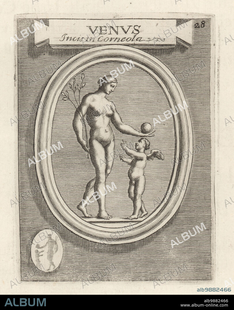 Venus, Roman goddess of love, offering a ball to Cupid. The Etruscan goddess of love and fertility was Turan. From an engraved cornelian gem. Venus Inci. in Corneola. Copperplate engraving from Francesco Valesio, Antonio Gori and Ridolfino Venutis Academia Etrusca, Museum Cortonense in quo Vetera Monumenta, (Etruscan Academy or Museum of Cortona), Faustus Amideus, Rome, 1750.