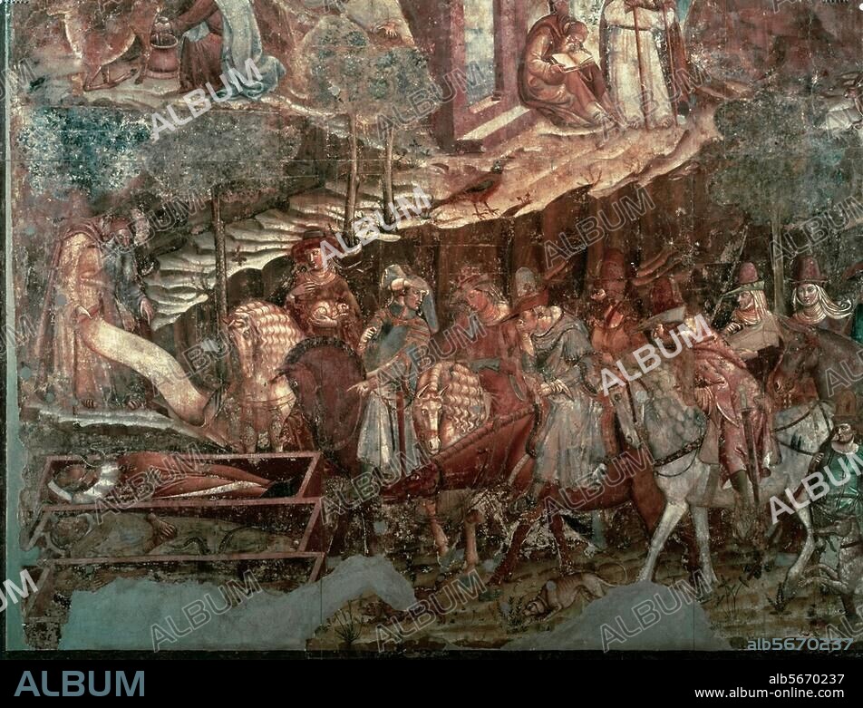 Meister vom Triumph des Todes (Bonamico Buffalmaco?). "Der Triumph des Todes", um 1340/45. Ausschnitt: "Die Begegnung zwischen den Lebenden und den drei toten Königen in offenen Särgen". Fresko. Pisa, Camposanto, Südwand.