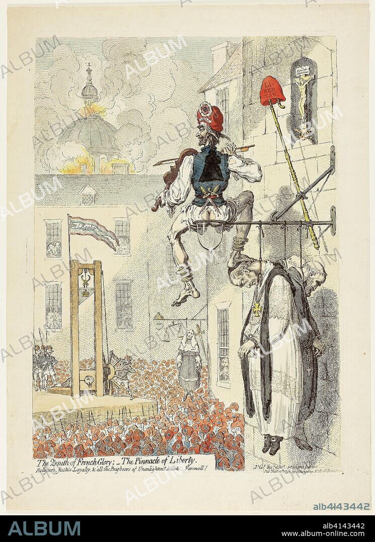 The Zenith of French Glory; The Pinnacle of Liberty. James Gillray (English, 1756-1815); published by Hannah Humphrey (English, c. 1745-1818). Date: 1793. Dimensions: 344 × 238 mm (image); 351 × 248 mm (plate); 397 × 285 mm (sheet). Etching in dark brown, with handcoloring, on cream wove paper. Origin: England.