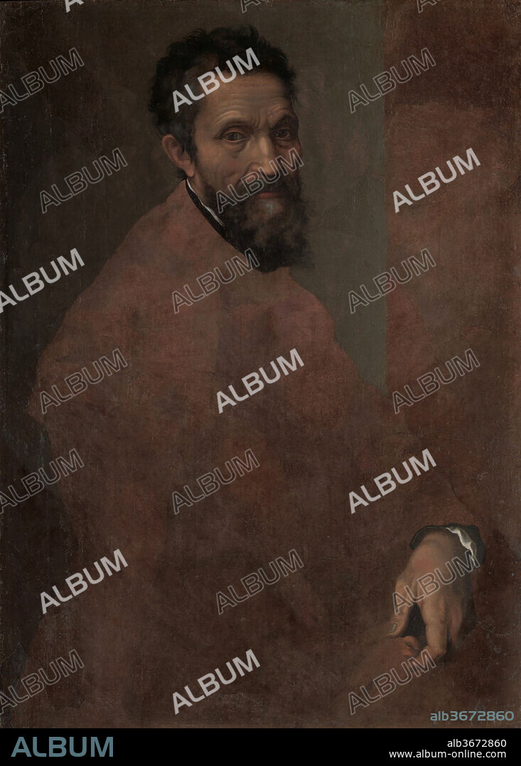 Michelangelo Buonarroti (1475-1564). Artist: Attributed to Daniele da Volterra (Italian, Volterra 1509-1566 Rome). Dimensions: 34 3/4 x 25 1/4 in. (88.3 x 64.1 cm). Date: probably ca. 1544.
This unfinished portrait has recently been identified as the work of Daniele da Volterra, Michelangelo's faithful follower and the author of a bronze bust of the great Florentine artist. Indeed, an inventory drawn up after Daniele's death lists "a portrait of Michelangelo on panel." It was probably painted about 1545, when Michelangelo would have been seventy. It was the source for numerous copies.
The portrait looks unfinished, but Daniele has fully described the sculptor's features and his left hand, almost as though recalling Michelangelo's notion that, "It is necessary to keep one's compass in one's eyes and not in the hand, for the hands execute, but the eye judges.".