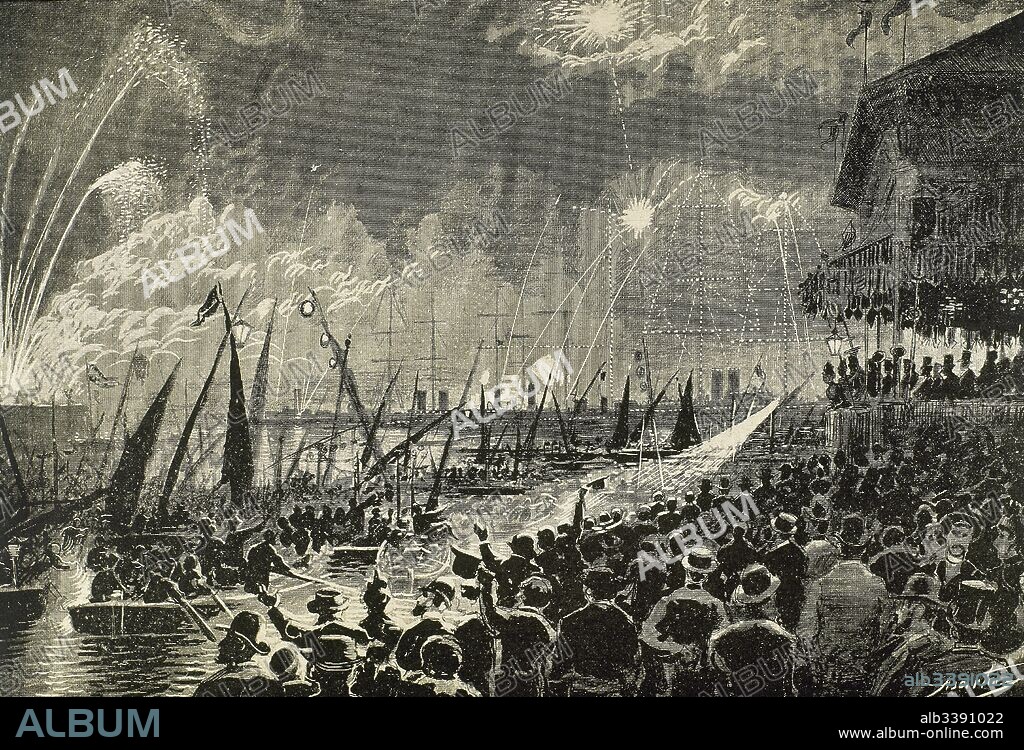 Spain. Catalonia. 1888 Barcelona Universal Exposition. Audience at the sea spectacle held during the town's festival with  the regent queen Maria Christina of Austria (1858-1929) at the tribune of Paseo Colon. Engraving by Asarta. "La Ilustracion Iberica", 1888.