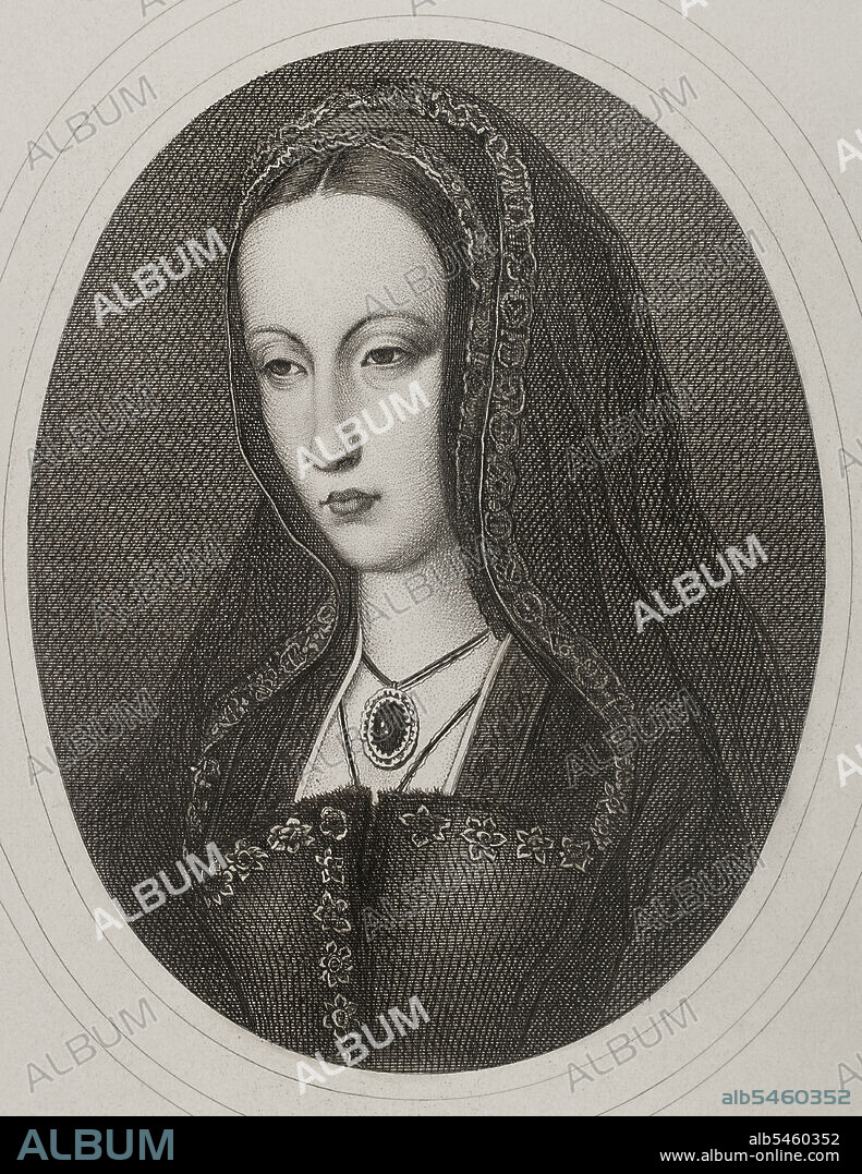 ANTOINE MASSON (1636-1700). FRENCH ARTIST.. Joanna of Castile (known as Joanna the Mad) (1479-1555). Queen of Castile (1504-1555) and Aragon (from 1516), daughter of the Catholic Monarchs. Wife of Philip the Handsome. Portrait. Engraving by Masson. Lithographed by Magín Pujadas. "Historia General de España", by Modesto Lafuente. Volume II. Published in Barcelona, 1879.