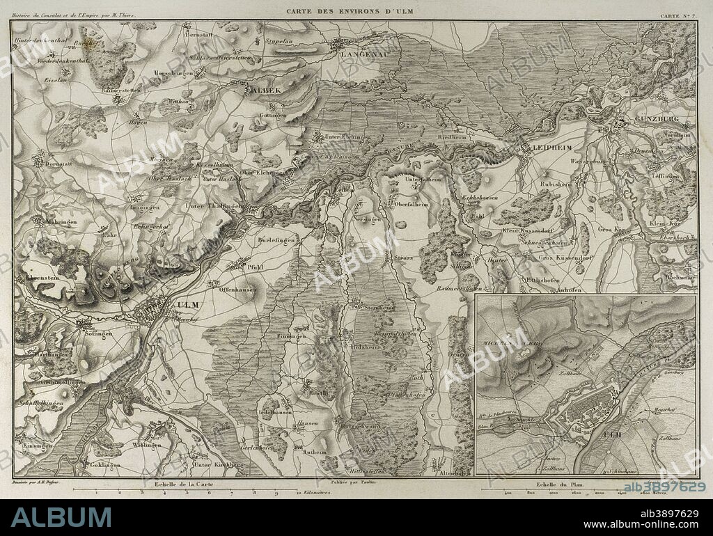 Map of the surrounding of the city of Ulm, Germany. Atlas de l'Histoire du Consulat et de l'Empire. History of the Consulate and the Empire of France under Napoleon by Marie Joseph Louis Adolphe Thiers (1797-1877). Drawings by Dufour, engravings by Dyonnet. Edited in Paris, 1864.