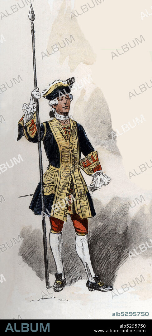 MAURICE TOUSSAINT. Francia. Uniformes de regimiento franceses. Oficial del Regimiento de guardias franceses en 1740. Grabado de 1945.