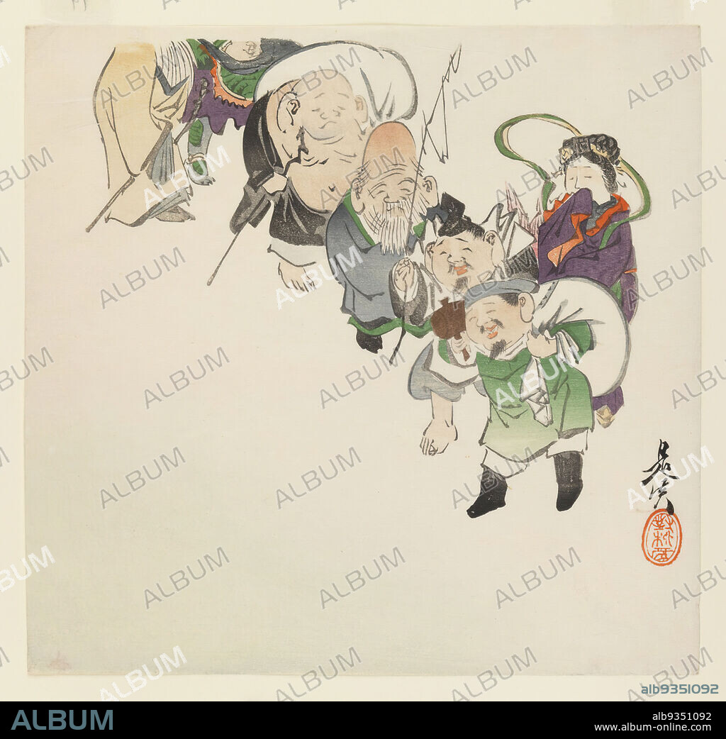Seven Gods of Good Luck, From the Series Hana Kurabe, Shibata Zeshin, Japanese, 1807-1891, Woodblock color print, Japan, ca. 1885, Meiji Period, 9 1/2 x 9 7/8 in., 24.1 x 25.1 cm, Benzaiten, Bishamonten, Daikokuten, Ebisu, Fukurokuju, Hotei, Japanese mythology, Jurjin, Seven Gods of Fortune, Shichi Fukujin.