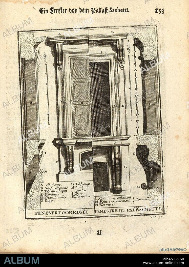 Fenestre corrected and fenestre Pal. Sacchetti, Window at the Palazzo Sacchetti in Rome, tab. 55, p. 153, Augustin-Charles d'Aviler, Vignola, Michelangelo, Leonhard Christoph Sturm, Hertel: Ausführliche Anleitung zu der gantzen Civil-Bau-Kunst [...]. Augspurg: bey Johann Georg Hertel, 1747.