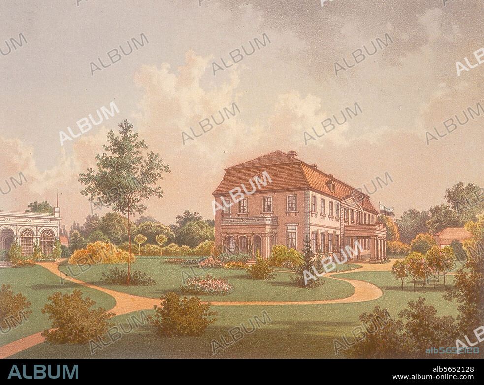 Briesen (Brandenburg), Schloß (erbaut nach 1735 unter Baron von Vernezobre de Laurieux). "Briesen / Provinz Brandenburg / Kreis Cottbus". Farblithographie, um 1860, von Th. Albert nach Photographie. Berlin (Verlag Alexander Duncker); 14,5 × 19,3 cm.