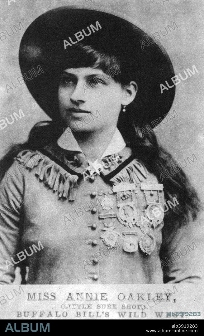 Annie Oakley, American exhibition sharpshooter, late 19th century (1954). Annie Oakley starred in Buffalo Bill's Wild West Show, the travelling show conceived by Colonel William F 'Buffalo Bill' Cody that toured America and Europe in the latter part of the 19th century. A print from the Pictorial History of the Wild West, by James D Horan and Paul Sann, Spring Books, London, 1954.