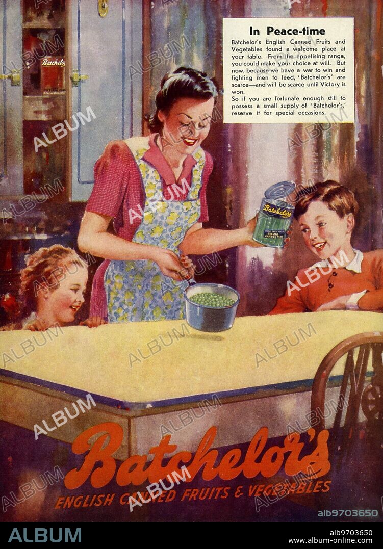 Colour advertisement for Batchelors ' s English canned fruits and vegetables in the Punch Magazine Summer Number for 1944.
