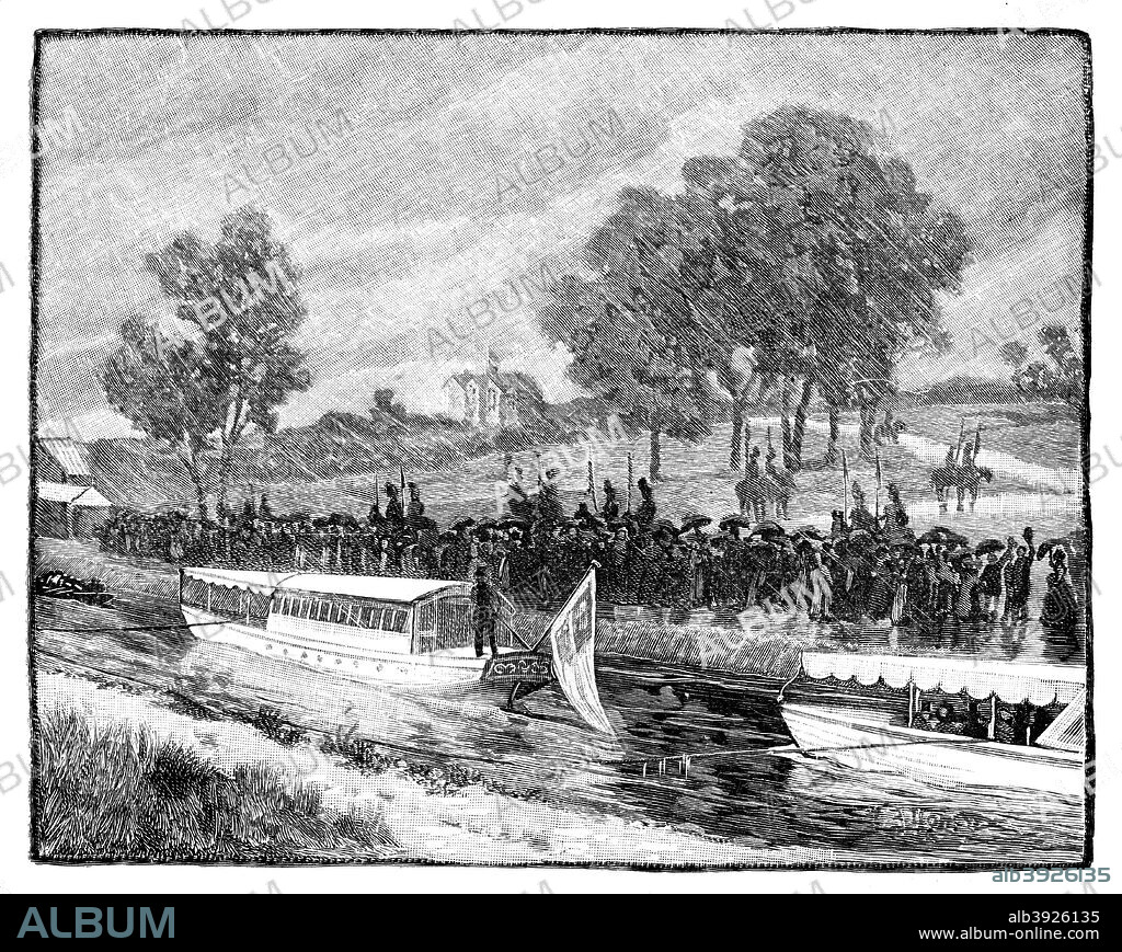 The Royal Visit to Worsley Hall; the State Barge on the Bridgwater Canal near Manchester, 1851, (1888). Queen Victoria sailed on the Bridgewater Canal and was a guest of Lord Ellesmere at Worsley Hall. Illustration from The Life & Times of Queen Victoria, Vol II, by Robert Wilson, (1888).