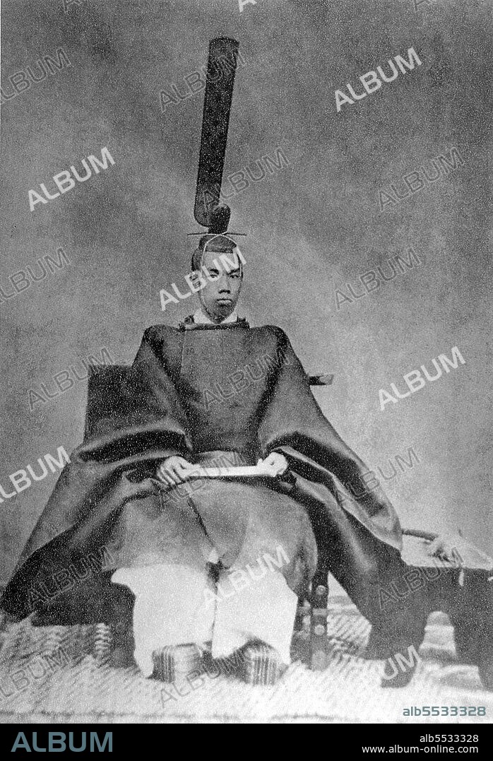 Emperor Meiji (???? Meiji-tenno, November 3, 1852 – July 30, 1912), or Meiji the Great (???? Meiji-taitei), was the 122nd Emperor of Japan according to the traditional order of succession, reigning from February 3, 1867 until his death on July 30, 1912. He presided over a time of rapid change in the Empire of Japan, as the nation quickly changed from a feudal state to a capitalist and imperial world power, characterized by Japan's industrial revolution. At the time of his birth in 1852, Japan was an isolated, pre-industrial, feudal country dominated by the Tokugawa Shogunate and the daimyo, who ruled over the country's more than 250 decentralized domains. By the time of his death in 1912, Japan had undergone a political, social, and industrial revolution at home and emerged as one of the great powers on the world stage. Uchida Kuichi was the only photographer granted a sitting by the Emperor Meiji and in 1872 Uchida photographed the Emperor and Empress Haruko in full court dress and everyday robes. In 1873, Uchida again photographed the Emperor, who this time wore military dress, and a photograph from this sitting became the official imperial portrait. Copies of the official portrait were distributed among foreign heads of state and Japanese regional governmental offices, but their private sale was prohibited. Nevertheless, many copies of the photograph were made and circulated on the market. Published in the Japanese book, Meiji Tenno gyoden (Tokyo: 1912).