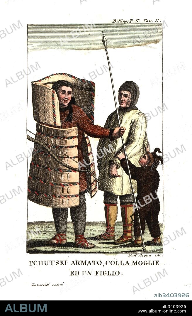 Chukchi man in armour made of wood, whale bone, iron hoops and seal sinews covered with leather. (Chukotka region, Russia). HIs wife and son beside him. From Joseph Billings and Martin Sauer’s An Account of an Expedition to the Northern Parts of Russia. Copperplate engraving by Dell'Acqua handcoloured by Lazaretti from Giovanni Battista Sonzogno’s Collection of the Most Interesting Voyages (Raccolta de Viaggi Più Interessanti), Milan, 1815-1817.