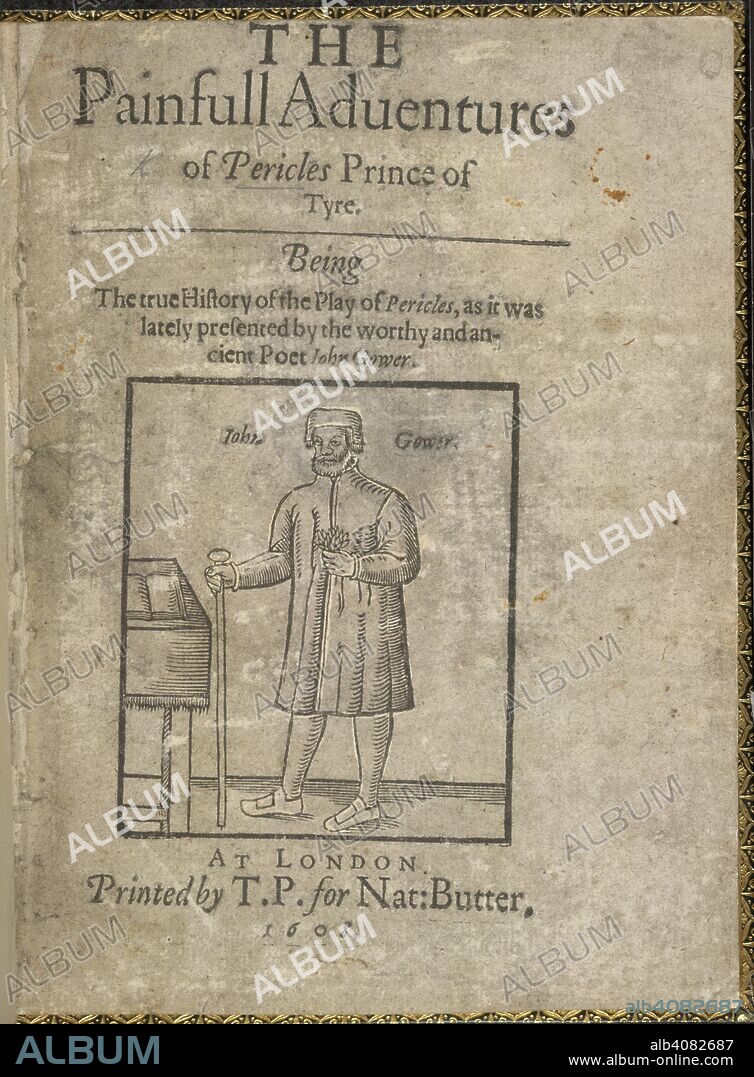Painfull adventures of Pericles. The Painfull adventures of Pericles, Prince of Tyr. London, 1608. Illustrated title page, with a woodcut of John Gower (c.1325-1408). English poet.  Image taken from The Painfull adventures of Pericles, Prince of Tyre. Being the true History of the Play of Pericles [by William Shakespeare] as it was lately presented by the worthy and ancient Poet Iohn Gower. [By George Wilkins.] B.L. MS. note [by J. O. Halliwell].  Originally published/produced in London, 1608. . Source: C.34.l.8, title page. Language: English.