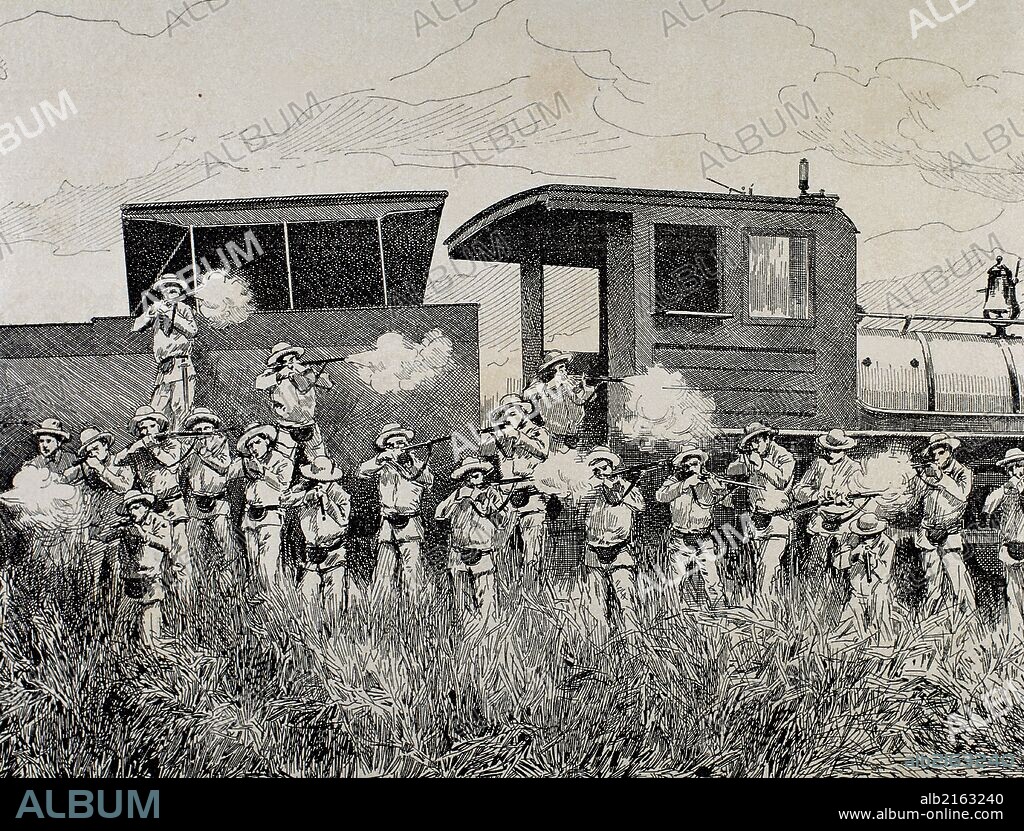 Cuban War of Independence (1895-1898). Three liberation wars that Cuba fought against Spain. The final three months of the complict escalated to become the Spanish-American War. Defending a train attacked by rebels.1898. Engraving.