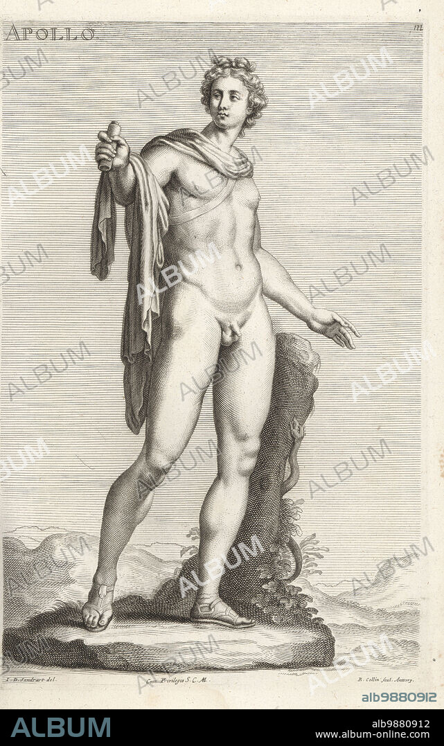 The Apollo Belvedere sculpture. Greek god Apollo with bow in his hand after shooting an arrow at the chthonic serpent Python. In chlamys cloak and sandals. From the Palazzo Belvedere, Rome. Copperplate engraving by Richard Collin after an illustration by Joachim von Sandrart from his LAcademia Todesca, della Architectura, Scultura & Pittura, oder Teutsche Academie, der Edlen Bau- Bild- und Mahlerey-Kunste, German Academy of Architecture, Sculpture and Painting, Jacob von Sandrart, Nuremberg, 1675.