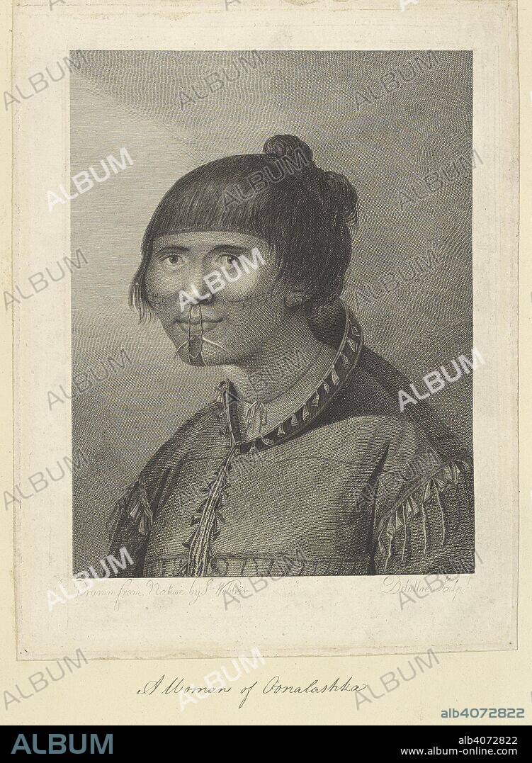 JOHN WEBBER. A woman of Oonalashka. Drawn from nature by J. Webber, and engraved by Jean-Marie Delatre. Drawing of the head and shoulders of a woman looking three-quarters left. She is wearing a close-fitting seal-skin coat from the seams of which hang pendant beads. Her hair is tied in a knot at the back of the head, and worn as a fringe across the forehead. There are tattoo lines across both cheeks, and nose and chin ornaments. The lower lip is perforated. A collection of drawings by A. Buchan, S. Parkinson, and J. F. Miller, made in the Countries visited by Captain James Cook in his First Voyage [1768-1771], also of prints published in John Hawksworth's Voyages of Biron [Byron], Wallis, and Cook [1773], as well as in Cook's second and third Voyages [1772-1775, 1776-1780]. 1768-1780. Source: Add.23921 f.96.