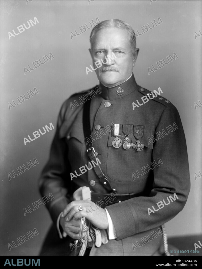 John Joseph "Black Jack" Pershing (September 13, 1860 - July 15, 1948) was an American Army officer. His military career included involvement in the Indian Wars, Spanish-American War, Phillippine-American War, Russo-Japanese War, and the Pancho Villa Expedition. He is best remembered for leading the American Expeditionary Forces in WWI. He was responsible for the organization, training, and supply of a combined professional and draft Army and National Guard force that eventually grew from 27,000 inexperienced men to two Armies totaling over 2 million soldiers. In 1919, in recognition of his distinguished service, the Congress authorized the President to promote Pershing to General of the Armies of the US, the highest rank possible for any member of the US armed forces. For his memoirs, My Experiences in the World War, he was awarded the 1932 Pulitzer Prize for history. He died in 1948, at the age of 87, of coronary artery disease and congestive heart failure.