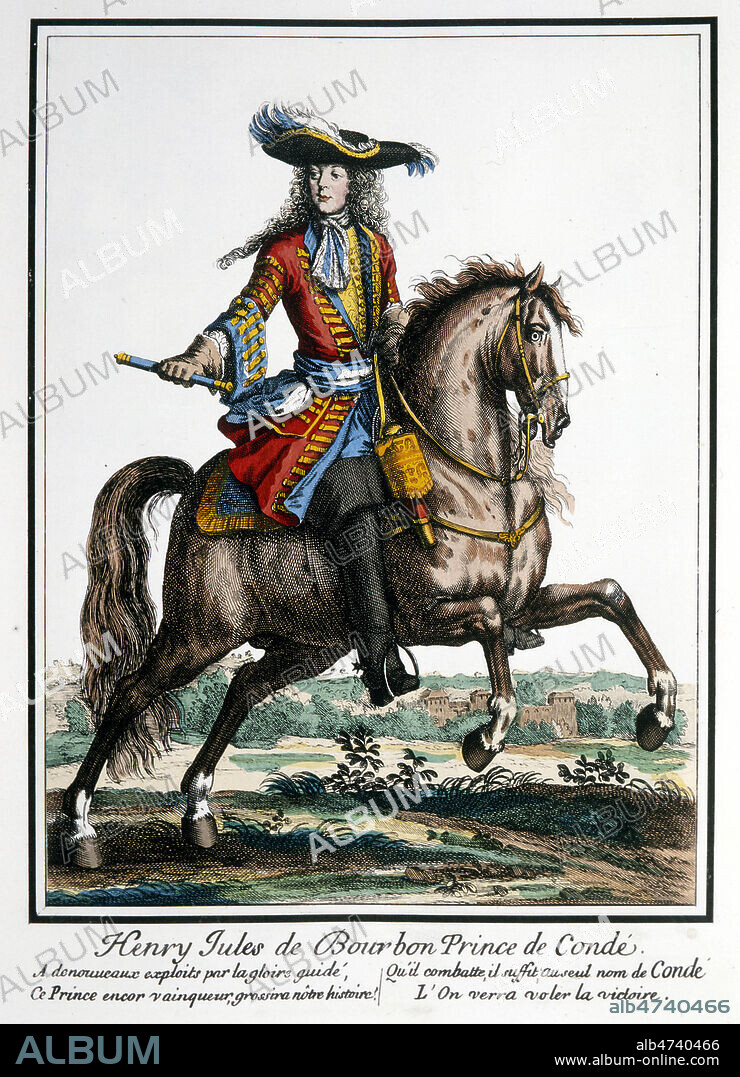 'Henry Jules de Bourbon, Prince de Conde'. Henri Jules de Bourbon-Conde (1643-1709) fils du grand Conde Louis II et de Claire-Clémence de Maillé-Brézé la niece de Richelieu, mariage en 1663 avec Anne de Bavière (Pfalz-Simmern) (1648-1723), princesse Palatine. Estampe de Nicolas BONNART (1646-1718) sur la mode de 1680 a 1715 . Credit : Collection KHARBINE-TAPABOR.