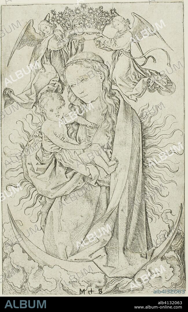 The Madonna on the Crescent Crowned by Two Angels. Martin Schongauer; German, c. 1450-1491. Date: 1470-1475. Dimensions: 173 × 110 mm (sheet trimmed to plate mark). Engraving on paper. Origin: Germany.