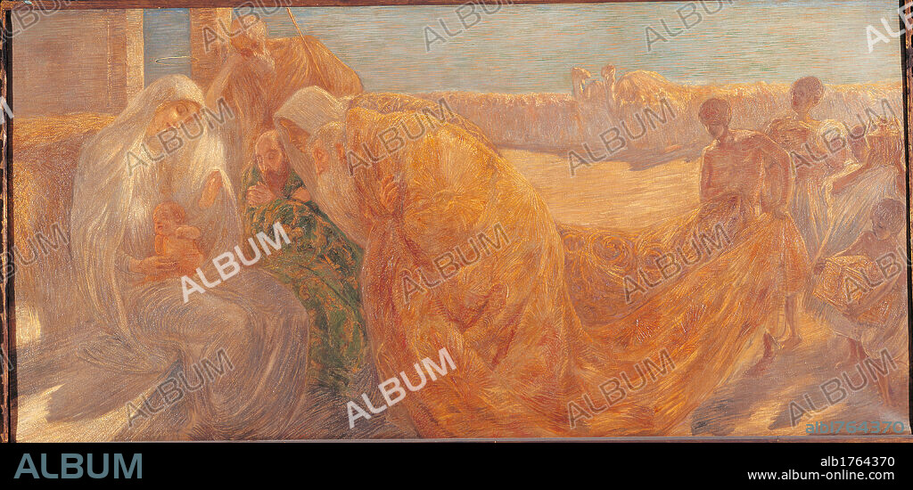 Adoration of the Magi, by Gaetano Previati, 1892, 19th Century, oil on canvas, cm 98 x 198. Italy, Lombardy, Milan, Brera Art Gallery. All. Madonna Baby Jesus Child yellow green light blue azure mantle cloak Adoration of the Magi. Authorization required for non editorial use.