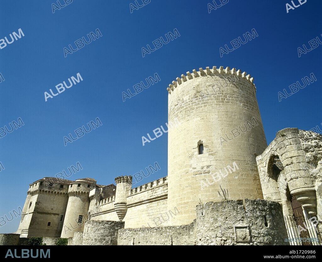 Spain, Castile and Leon, Segovia province, Cuellar. Castle of the Dukes of Albuquerque. Built in differents architectural styles, dates from the 11th century, although most of its remains date from the 15th century. The castle belonged to Don Alvaro de Luna and the first Dukes of Albuquerque. General view.