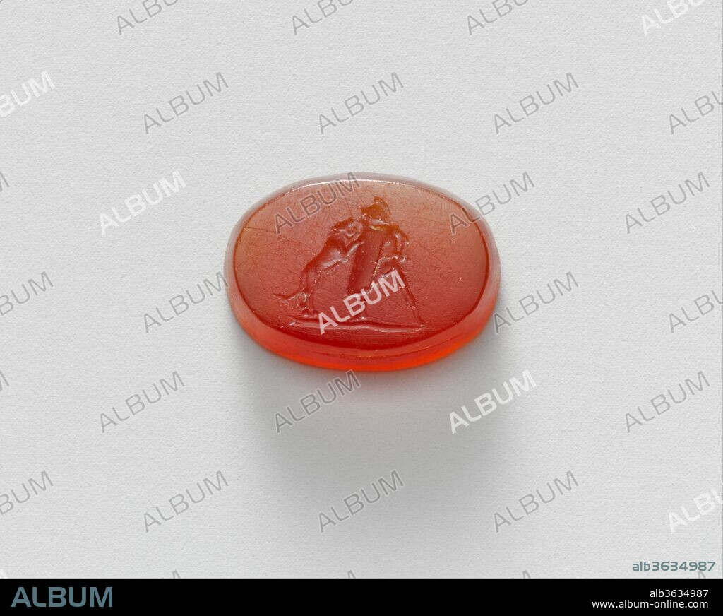 Carnelian intaglio of a gladiator fighting a lion. Culture: Roman. Dimensions: H. 9/16 in. (1.5 cm). Date: 1st half of 1st century A.D..
In the Early Imperial period, a popular part of the gladiatorial games was the morning program in which armed gladiators called venatores (hunters) were pitted against wild animals. The Romans also liked to see different kinds of animals fighting each other.