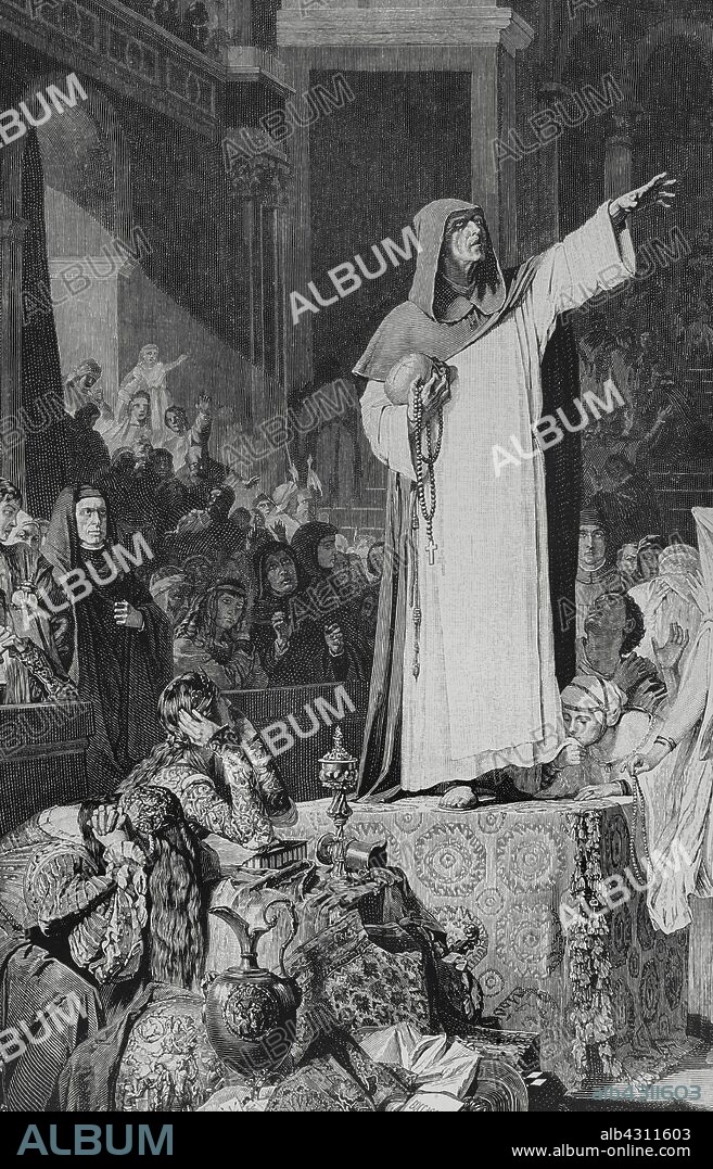 Girolamo Savonarola (1452-1498). Religioso dominico y predicador. Crítico contra el lujo, el lucro y la corrupción de la Iglesia Católica. Sentenciado por la Inquisición a morir en la hoguera. Savonarola predicando a los ciudadanos de Florencia el desprecio de las riquezas. Grabado a partir de un cuadro de Luis Von Langenmantel. Detalle. La Ilustración Española y Americana, 22 de noviembre de 1883.
