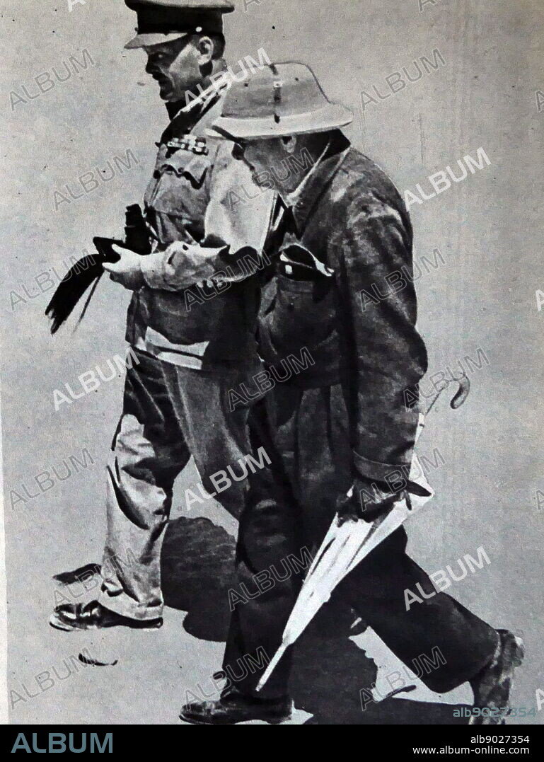 Photograph of Sir Winston Churchill and General Bernard Freyberg, 1st Baron Freyberg. Sir Winston Leonard Spencer-Churchill (1874-1965) a British politician and Prime Minister of the United Kingdom. Lieutenant General Bernard Cyril Freyberg, 1st Baron Freyberg (1889-1963) a British-born soldier and Victoria Cross recipient, who served as the 7th Governor-General of New Zealand. Dated 20th Century.