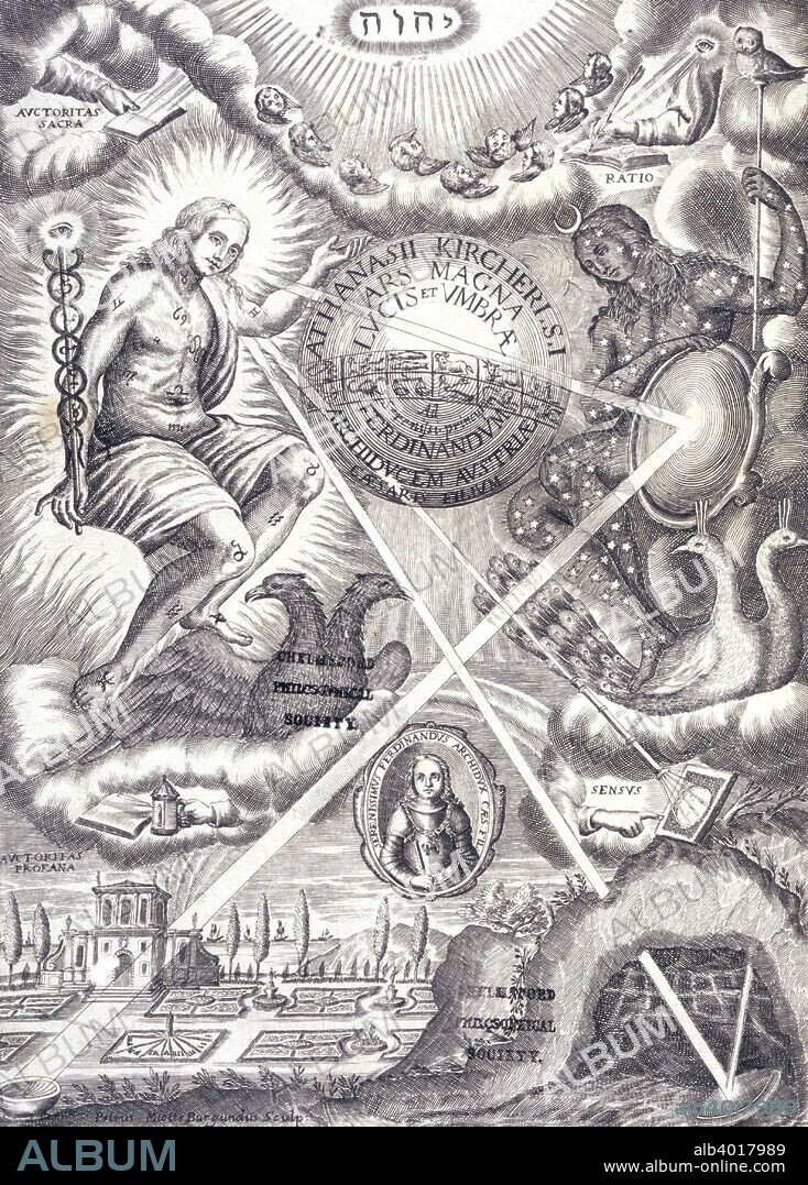 Frontispiece from Athanasius Kircher's Ars Magna Lucis Et Umbrae. To the left is a woman as the personification of the sun, with the symbols of the zodiac covering her body. To the right is a woman as a personification of the moon covered in stars. Below her sits two peacocks. Rays of light hit various lenses which reflects Kircher's discoveries. Kircher demonstrated that by placing a lens between a screen and a mirror which had been written on, a sharp but inverted image of the text would appear on the screen. By using a spherical water-filled flask as a condenser to concentrate the light, Kircher found that texts painted on the mirror's surface could be projected by light from a candle after dark. These demonstrations eventually resulted in the birth of the magic lantern. Ars Magna Lucis Et Umbrae was published in 1646.