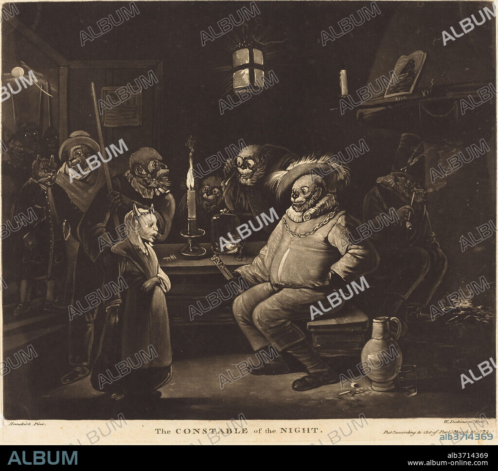 WILLIAM DICKINSON AFTER EGBERT VAN HEEMSKERCK. The Constable of the Night. Dated: 1783. Dimensions: plate: 31.4 x 35 cm (12 3/8 x 13 3/4 in.)  sheet: 31.6 x 35 cm (12 7/16 x 13 3/4 in.). Medium: mezzotint on laid paper.