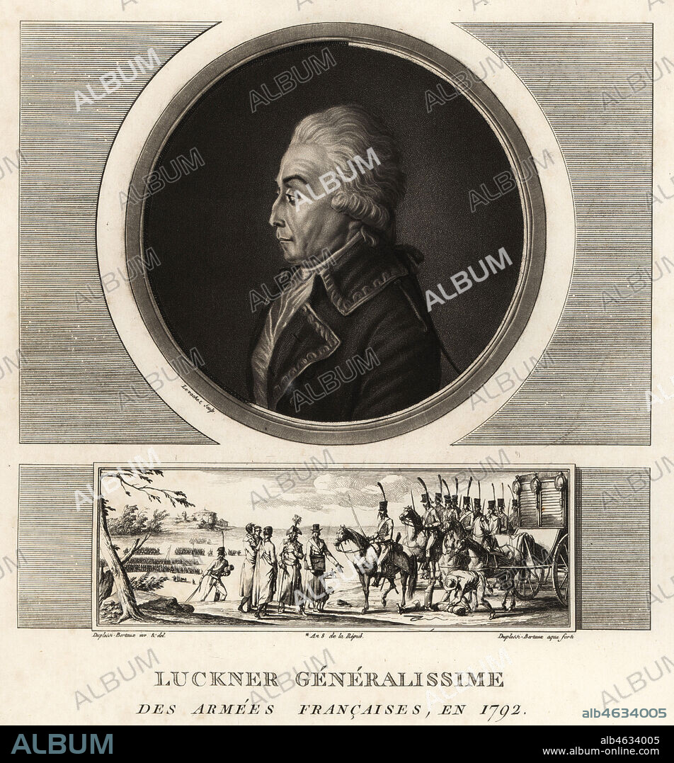 Count Nicolas Luckner, French Revolutionary general, Generalissime des Armees Francaises, executed in 1794. Vignette shows his arrest on a battlefield. Mezzotint drawn and engraved by Jean Duplessis-Bertaux from his Collection Complete de 60 Portraits des Personnages qui ont le plus Figure dans la Revolution Francaise, Auber, Pairs, 1800. Portrait engraved by Charles Francois Gabriel Levachez.