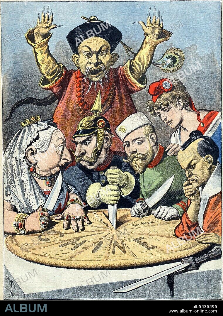 In this French political cartoon from 1898 a pastry representing China is being divided between caricatures of Queen Victoria of the United Kingdom and William II of Germany (who is squabbling with Queen Victoria over a borderland piece, whilst thrusting a knife into the pie to signify aggressive German intentions). Also present are Nicholas II of Russia, who is eyeing a particular piece, the French Marianne (who is diplomatically shown as not participating in the carving, and is depicted as close to Nicholas II, as a reminder of the Franco-Russian Alliance), and a samurai representing Japan, carefully contemplating which pieces to take. A stereotypical Qing official throws up his hands to try and stop them, but is powerless. The drawing is a figurative representation of the Imperialist tendencies of these nations towards China in the late 19th century.