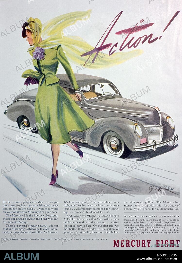 Advert for the Mercury Eight motor car, 1939. Ford Motor Company. Mercury is a division of the Ford Motor Company.  Rights information: Cleared for Editorial Use Only. Please Contact Us For Any Other Clearance Rights.