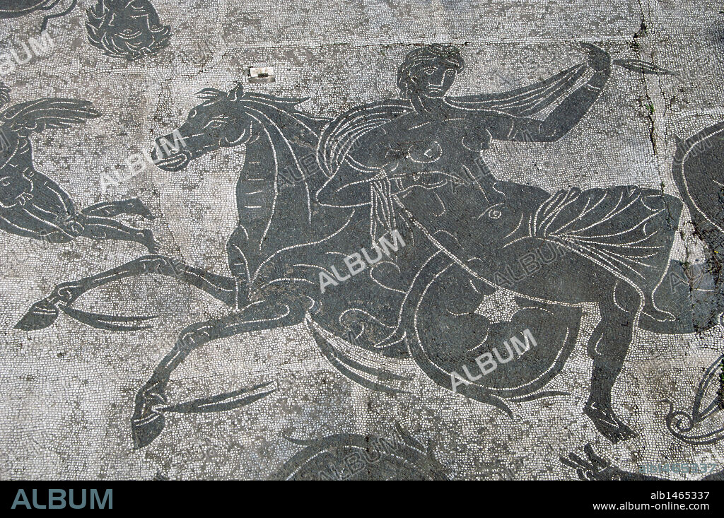 ARTE ROMANO. ITALIA. OSTIA ANTICA. Ciudad romana en la costa del Mar Tirreno, en el antiguo Latium. Puerto comercial de la antigua Roma. TERMAS DE NEPTUNO (siglos I y II). Detalle del MOSAICO "TRIUNFO DE NEPTUNO". Cercanías de Roma. Lazio.