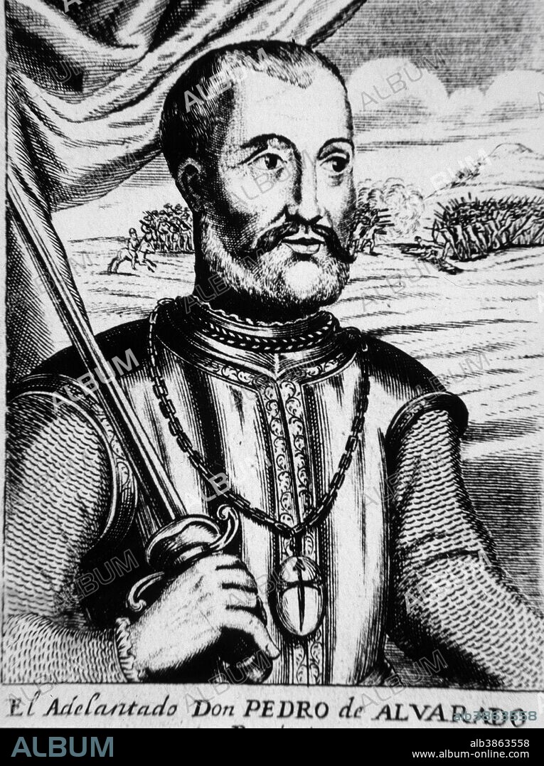 ALVARADO , PEDRO DE. CONQUISTADOR ESPAÑOL . BADAJOZ 1485 - 1541. GRABADO EN " LAS DECADAS " DE HERRERA. BIBLIOTECA INSTITUTO DE CULTURA HISPANICA . MADRID. SFGP / © KORPA.