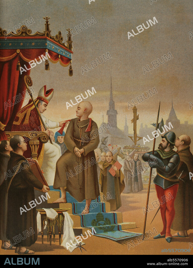 Girolamo Savonarola (1452-1498). Italian Dominican friar and preacher. Organiser of the Bonfire of the Vanities. Excommunicated and executed by the Tribunal of the Holy Inquisition. Degradation of Savonarola. Chromolithography. "Historia Universal" (Universal History), by César Cantú. Volume VII. Published in Barcelona, 1886.