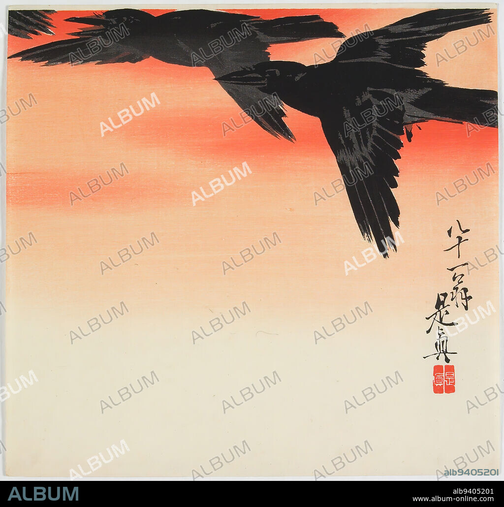 Crows Flying at Sunset, c. 1888, Shibata Zeshin, Japanese, 1807 - 1891, 9 1/2 x 9 15/16 in. (24.13 x 25.24 cm) (sheet), Woodblock print; ink and color on paper, Japan, 19th century, As the artist's signature in the lower right indicates, Zeshin designed this print when he was eighty-one years old. Having begun his artistic career as an apprentice in a lacquerer's atelier at the age of eleven, Zeshin had a long and productive career up until his death at age 86. This print reveals that Zeshin's sense of artistry remained vital even in his later years.