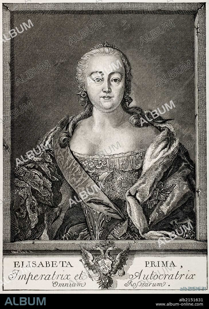 Isabel I de Rusia (Kolómenskoe, 29 de diciembre de 1709-San Petersburgo, 5 de enero de 1762) fue emperatriz del Imperio ruso entre 1741 y 1762. También llamada La Clemente, fue la segunda hija de Pedro I y Catalina I. Copia del grabado de E. Chemesov 1761.