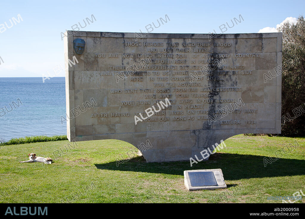 Turkey, Gallipoli, Memorial Plaque by Ataturk. The Memorial at Anzac Cove by Ataturk, an inspiring evidence that Turkey, Australia, and New Zealand fought together in World War I.
