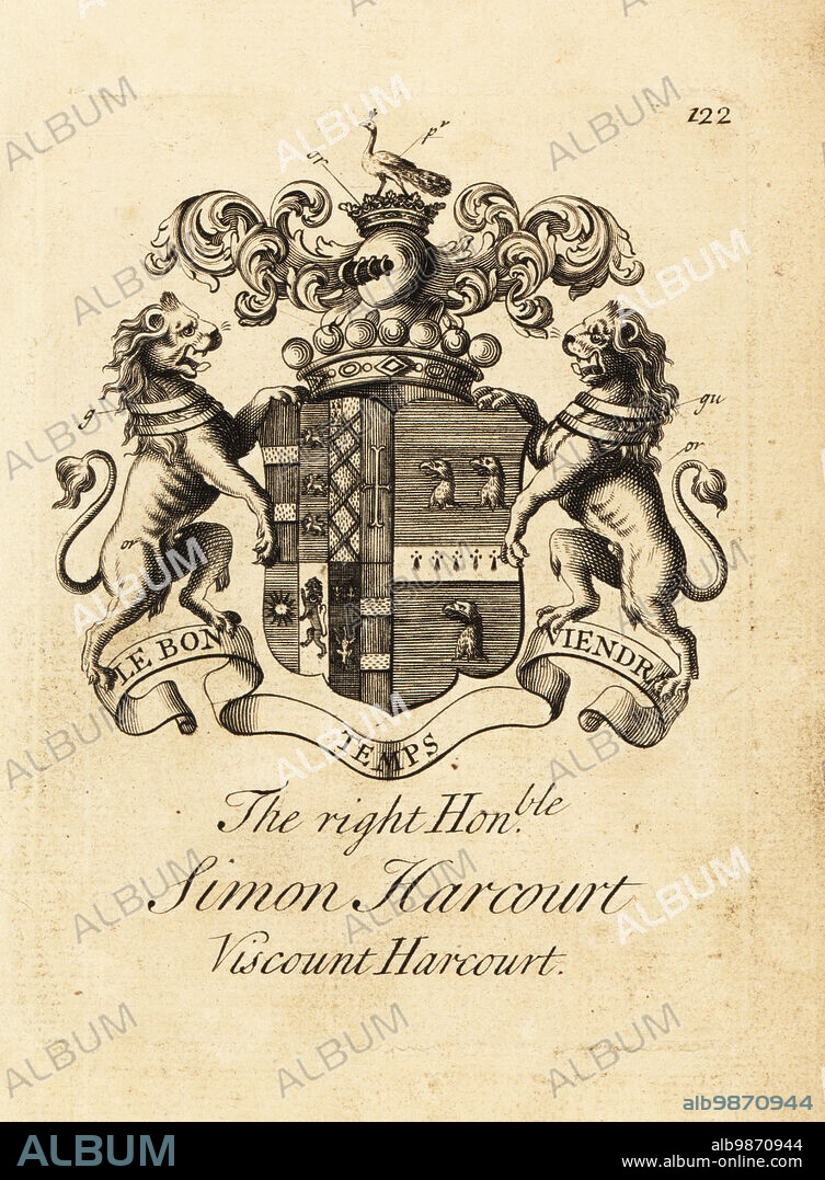 Coat of arms of the Right Honourable Simon Harcourt, 1st Viscount Harcourt, (1661-1727). Copperplate engraving by Andrew Johnston after C. Gardiner from Notitia Anglicana, Shewing the Achievements of all the English Nobility, Andrew Johnson, the Strand, London, 1724.