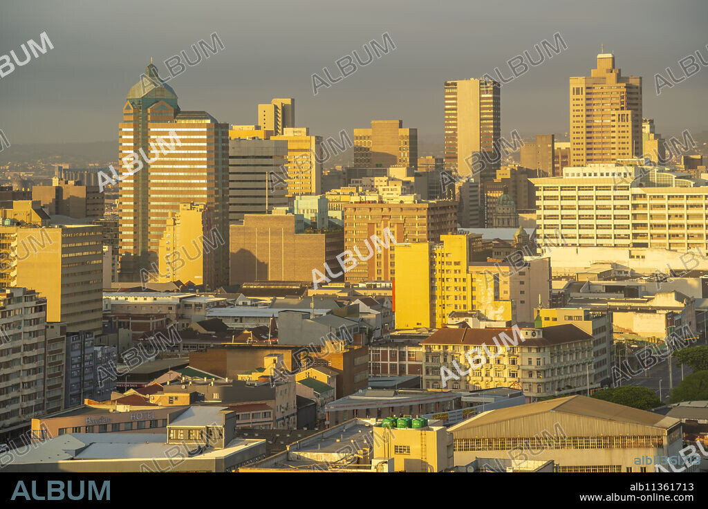 Elevated view of Durban city skyline at sunrise, Durban, KwaZulu-Natal Province, South Africa, Africa.