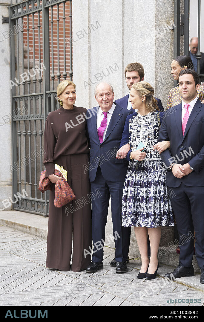 King Juan Carlos of Spain, Princess Elena de Borbon, Princess Cristina de Borbon, Juan Valentin Urdangarin Borbon, Felipe Juan Froilan de Marichalar Borbon, Victoria Federica de Marichalar Borbon leaves after the wedding of Jose Luis Martinez Almeida, major of Madrid, and Teresa Urquijo at Sagrado Corazon and San Francisco de Borja Church on April 6, 2024 in Madrid, Spain.